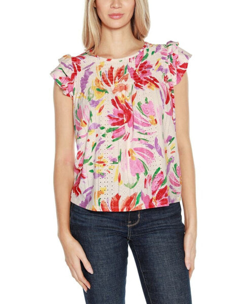 Women's Smocked Printed Floral Eyelet Top