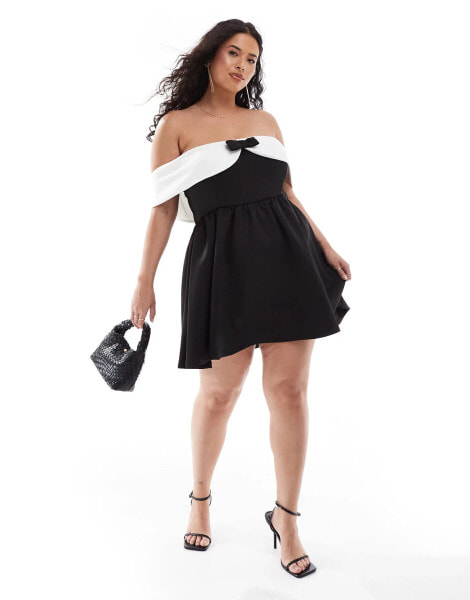 In The Style Plus exclusive bardot bow front mini dress in monochrome