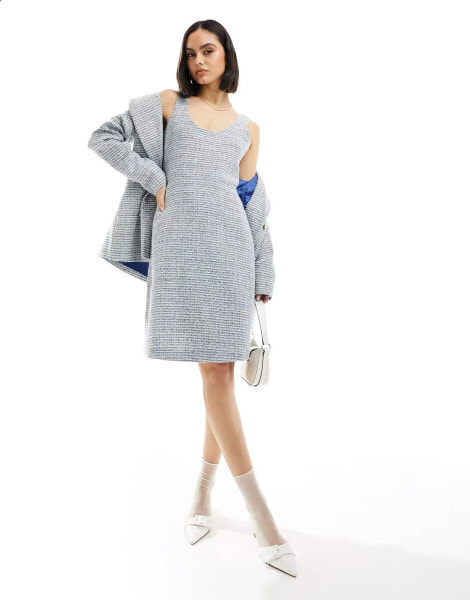 Closet London A-Line dress in baby blue tweed check co-ord