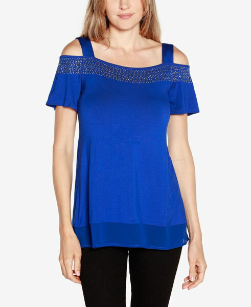 Women's Embellished Cold-Shoulder Top