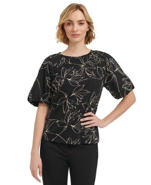 Women's Mixed Media Puff Sleeve Top