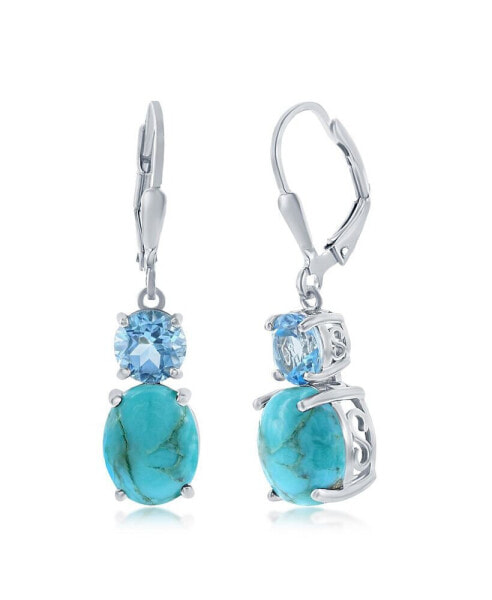 Sterling Silver Oval Turquoise & Round Gem Earrings