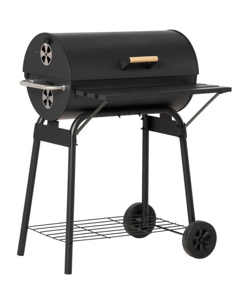 30" Portable Charcoal BBQ Grill Carbon Steel Outdoor Barbecue with Adjustable Charcoal Rack, Storage Shelf, Wheel, for Garden Camping Picnic