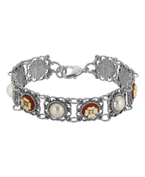 Pewter Round Cornalian Cameo and Cultura Imitated Pearl Bracelet