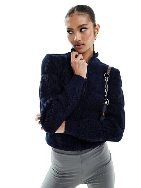 Fashionkilla bubble knitted zip through jumper in navy