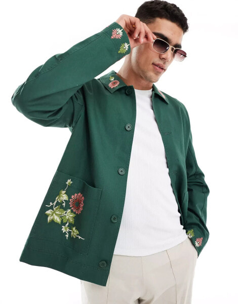 ASOS DESIGN embroidered worker jacket in green