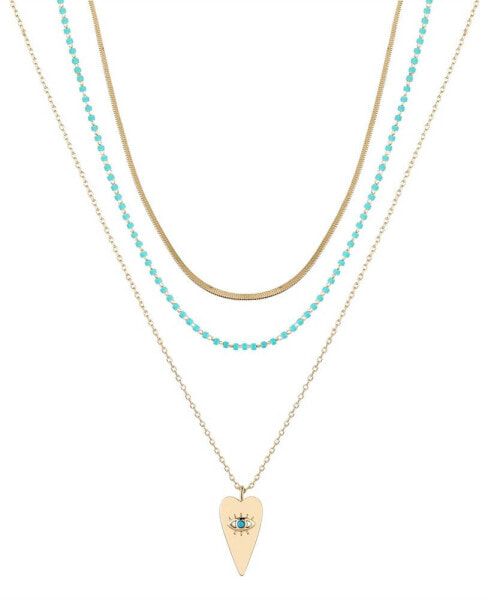 Unwritten 14k Gold Flash Plated Reconstituted Turquoise Stone and Evil Eye Heart Layered Pendant Necklaces, 3 Piece Set