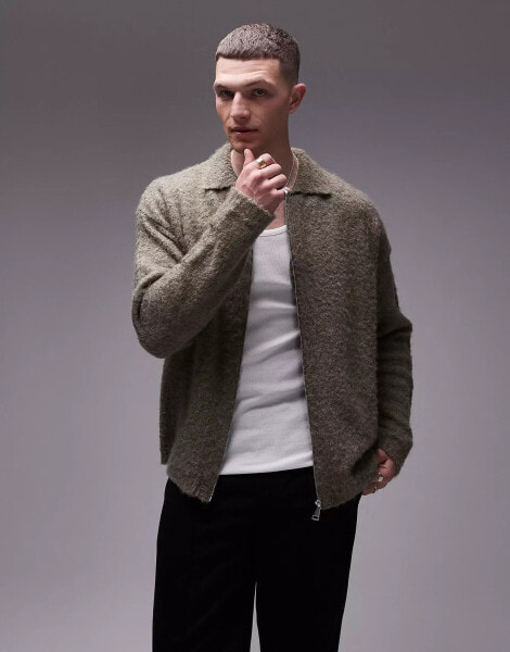 Topman relaxed boucle zip through cardigan in khaki