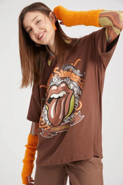 Футболка DeFacto Кофта с коротким рукавом Rolling Stones Bisiklet Yaka Oversize Fit %100 хлопок