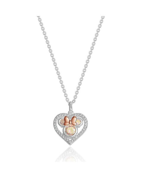Minnie Mouse Silver and Pink Gold Plated Cubic Zirconia Heart Necklace, 16 + 2''