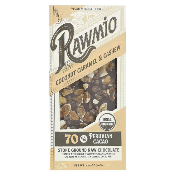 Rawmio, Каменный молотый необработанный шоколад, кокосовая карамель и кешью, 60 г (2,12 унции)