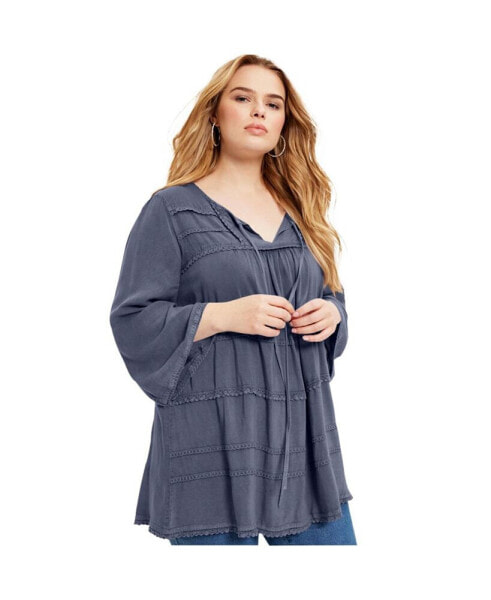 Plus Size June + Vie Acid Wash Peasant Blouse