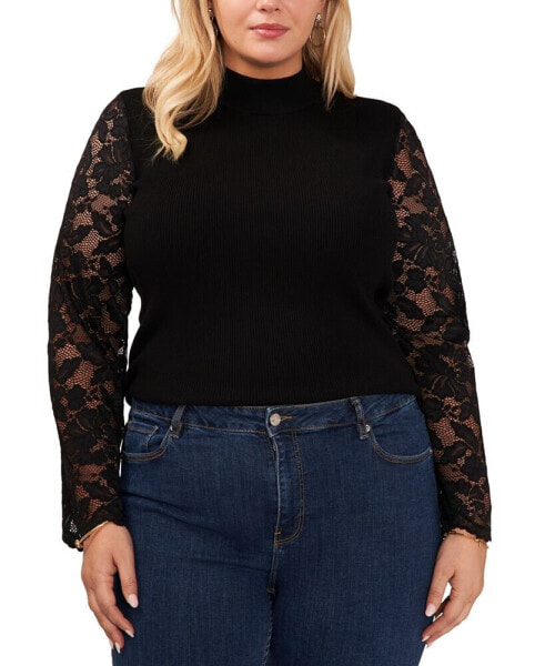 Plus Size Mock-Neck Lace-Sleeve Sweater