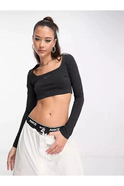 Sportswear Long-Sleeve Kadın Siyah Crop Üst