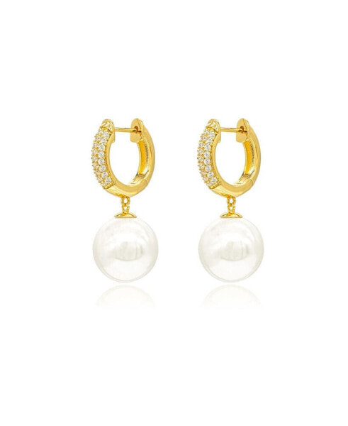 Pave Huggie Hoop Solitaire Imitation Pearl Drop Earrings