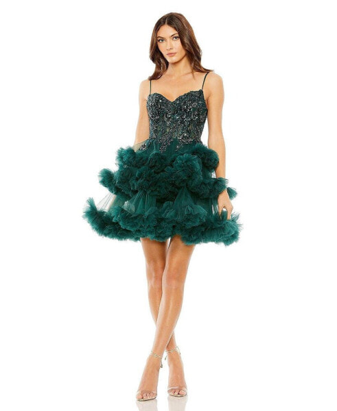 Women's Thin Strap Beaded Bodice Tiered Tulle Dress