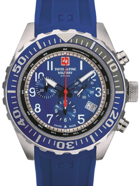 Мужские наручные часы с синим силиконовым ремешком Swiss Alpine Military 7076.9835 chrono 44mm 10ATM