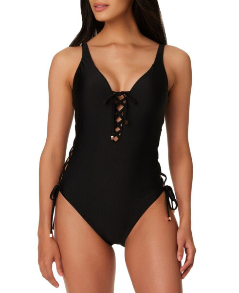 Bar Iii Women's Summer Solids Lace-Up One-Piece Swimsuit Black Size M