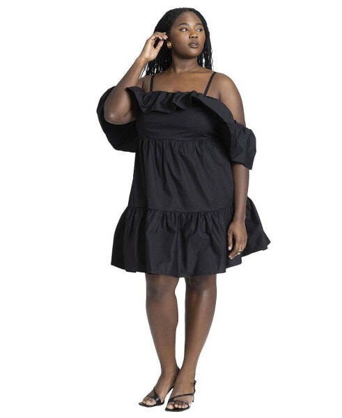 Мини-платье ELOQUII плюс-сайз с открытыми плечами и оборками - 22, черный оникс