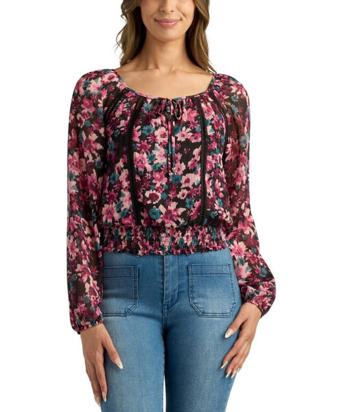 Juniors' Smocked-Hem Floral-Print Top