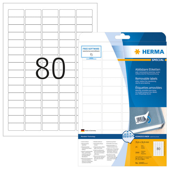 HERMA Removable labels A4 35.6x16.9 mm white Movables/removable paper matt 2000 pcs. - White - Self-adhesive printer label - A4 - Paper - Laser/Inkjet - Removable