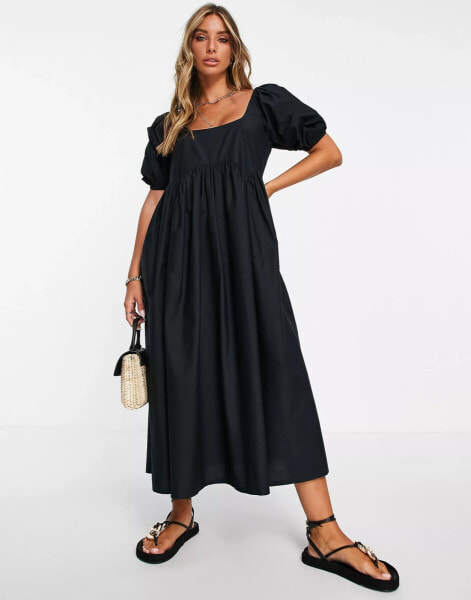 ASOS DESIGN cotton jumbo scallop puff sleeve smock midi dress in black