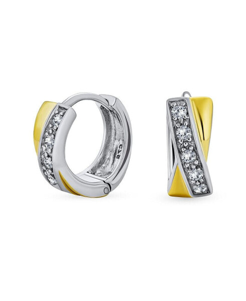 Elegant Cubic Zirconia CZ Accent Stripe Cross Twist Huggie Small Hoop Earrings For Women Gold Plated Sterling Silver