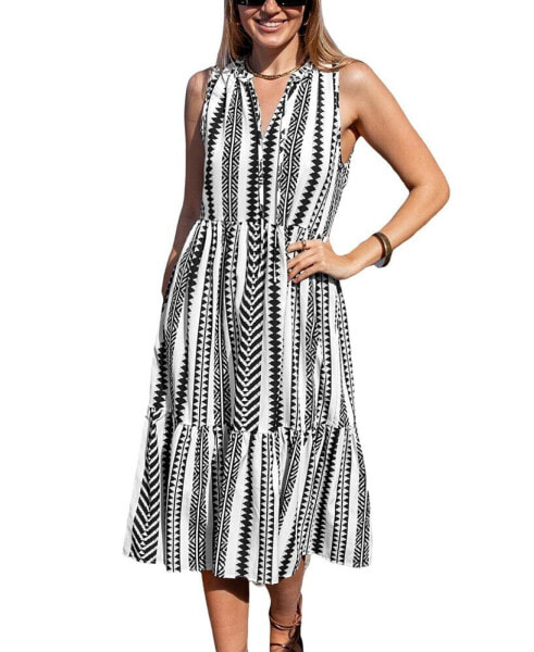 Women's Geo Print Tie Neck Maxi Beach Dress