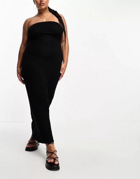 ASOS DESIGN Curve – Geripptes, trägerloses Strand-Maxikleid in Schwarz