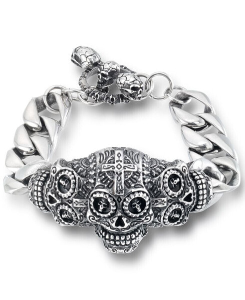 Men's Ornamental Skull Curb Link Bracelet in Stainless Steel