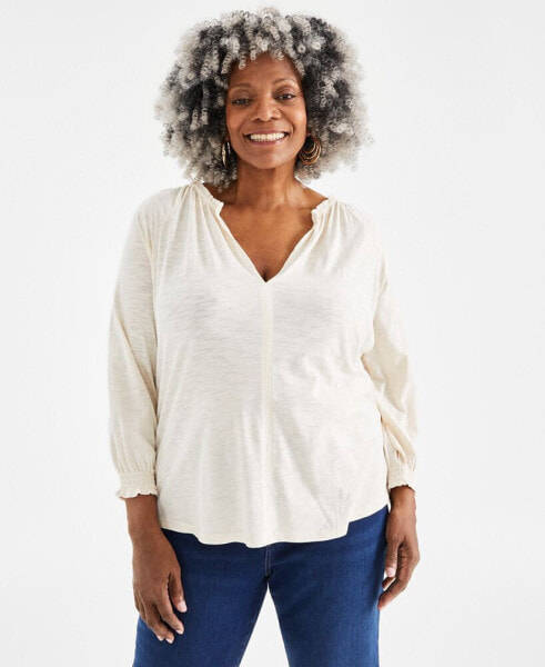 Plus Size Solid Gathered V-Neck Top, Created for Macy's
