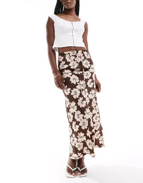 Wednesday's Girl bloom floral bias cut midaxi skirt in brown