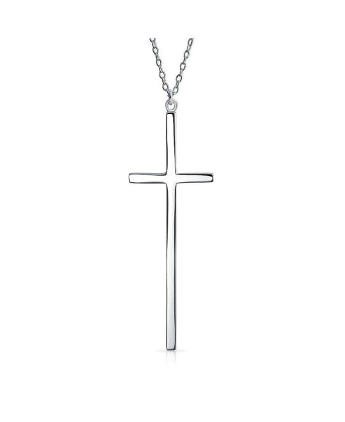 Modern Elongated Simple Basic Long Flat Thin Delicate Religious Latin Cross Pendant Necklace For Women Teen .925 Sterling Silver