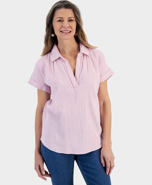 Women's Cotton Gauze Popover Collared Top, Created for Macy's