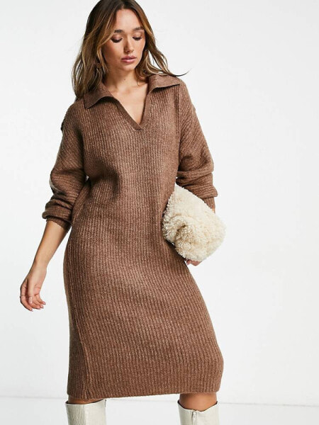 Vero Moda knitted collared maxi dresss in brown