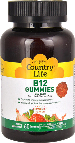 Country Life B12 Gummies Strawberry Мармеладный витамин B12 со вкусом клубники 850 мкг  60 шт