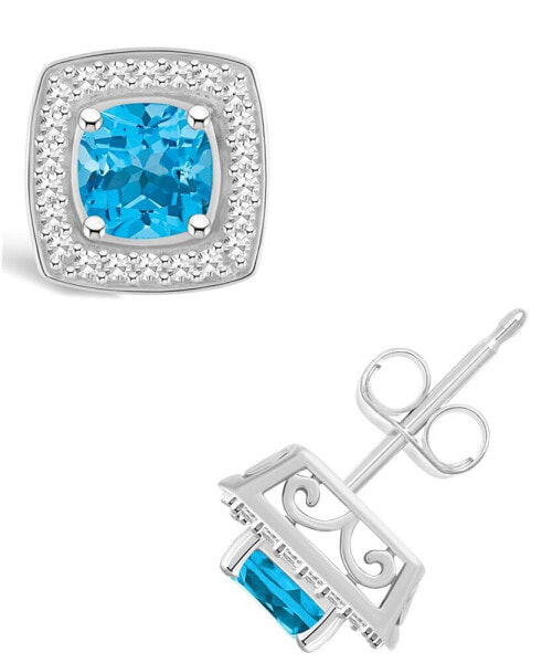 Blue Topaz (1-1/2 ct. t.w.) and Diamond (1/5 ct. t.w.) Halo Studs in Sterling Silver