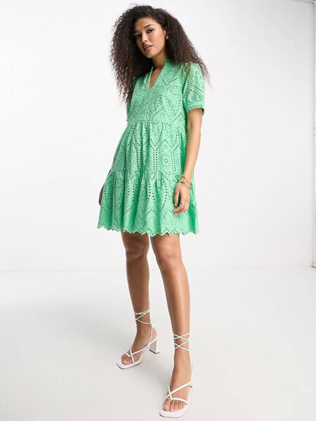 Y.A.S v neck broderie mini dress in green