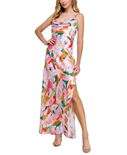 Juniors' Floral Cowlneck Maxi Dress