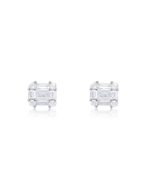 White Gold Tone CZ Emerald Cut Illusion Studs