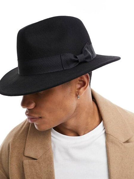 ASOS DESIGN wool fedora hat with size adjuster in black