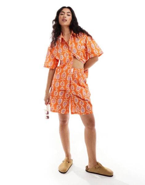 Sixth June co-ord printed linen shirt in orange