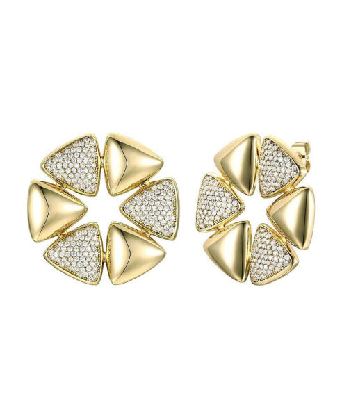 14k Gold Plated with Cubic Zirconia Pave Large Modern Abstract Flower Stud Earrings