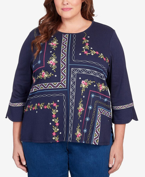 Plus Size In Full Bloom Flower Embroidery Quad Top