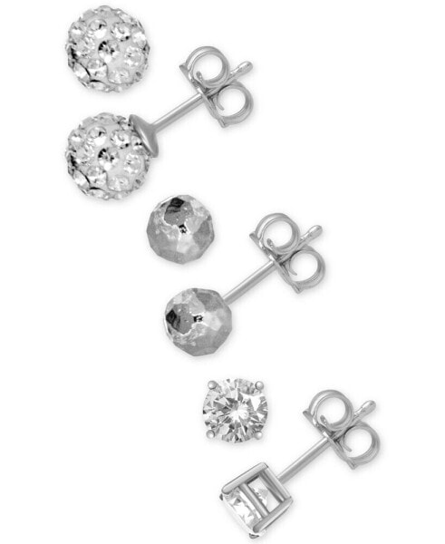 3-Pc. Set Cubic Zirconia, Hammered-Look and Crystal Ball Stud Earrings in Silver-Plate