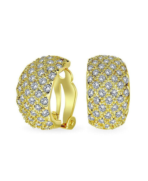 Fashion Bridal Pave Encrusted Crystal Wide Half Dome Clip On Earrings For Women Wedding Party Non Pierced Ears Yellow Gold Plated