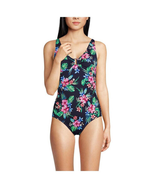 Women's Chlorine Resistant Shirred V-neck One Piece Swimsuit