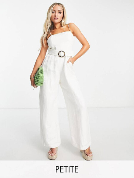 Forever New Petite buckle tie waist wide leg jumpsuit in white