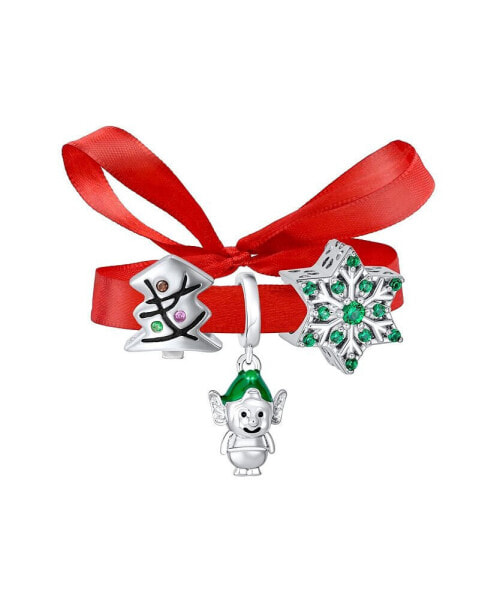 Christmas Tree Set of 3 Snowflake Santa Helper Fun Holiday Cartoon Dangling Enamel Green Elf Charm Bead For Teen Sterling Silver For European Bracelet