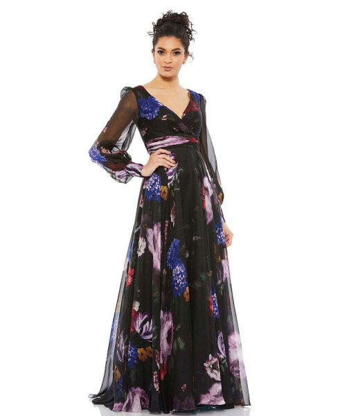 Women's Floral Print Chiffon Long Sleeve Maxi Dress